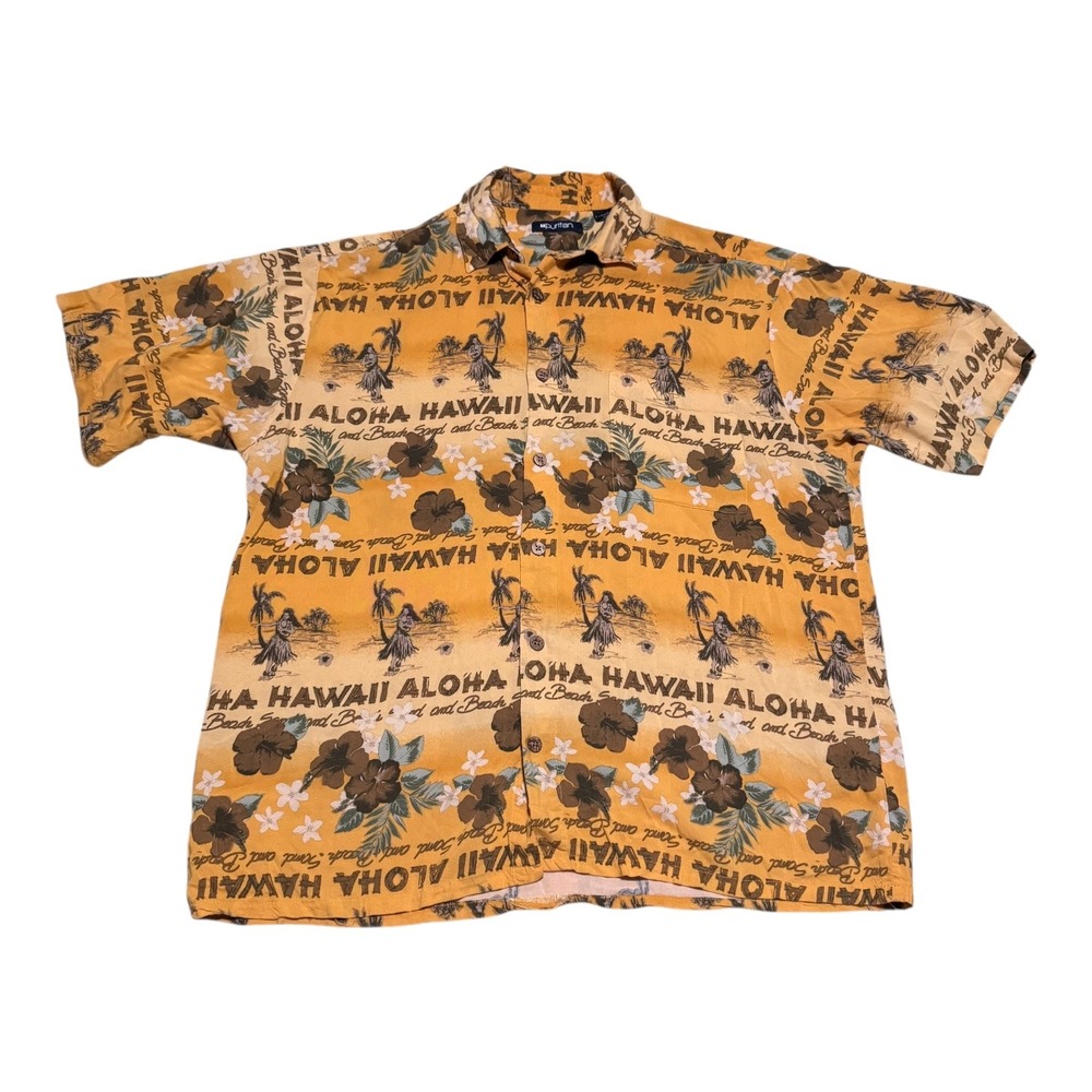 Van Heusen 100% Rayon Hawaii Hula Girl Yellow Hawaiian Shirt Men's Large